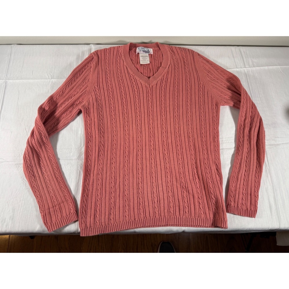 Murrays Toggery Shop Nantucket Reds V-Neck Cable Knit Cotton Sweater Pink Large